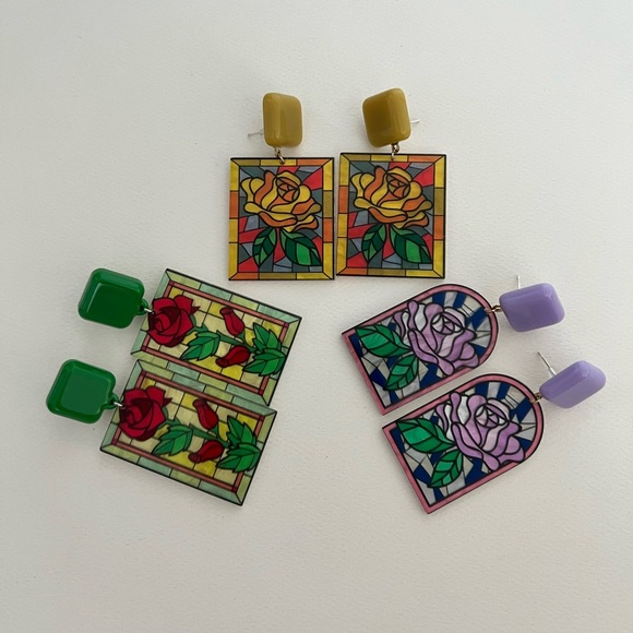Art Nouveau Floral Stained Glass Earrings- Dangle Retro Flower Earrings - Picture 4 of 16
